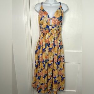 Caroline Constas Yellow and Blue Floral Lined Midi Dress with Pockets